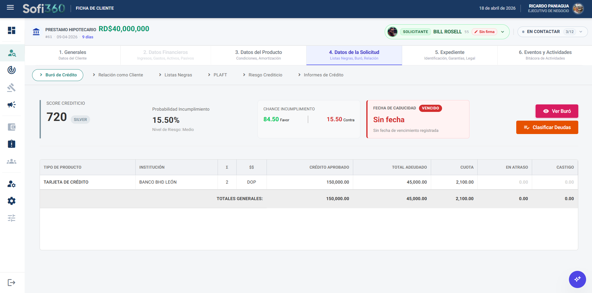 Sofi360 Risk Assessment Screen